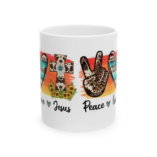 Ceramic Mug Featuring Love, Jesus, Peace, and Heart Designs | Perfect for Coffee Lovers, Inspirational Gifts, Religious Celebrations