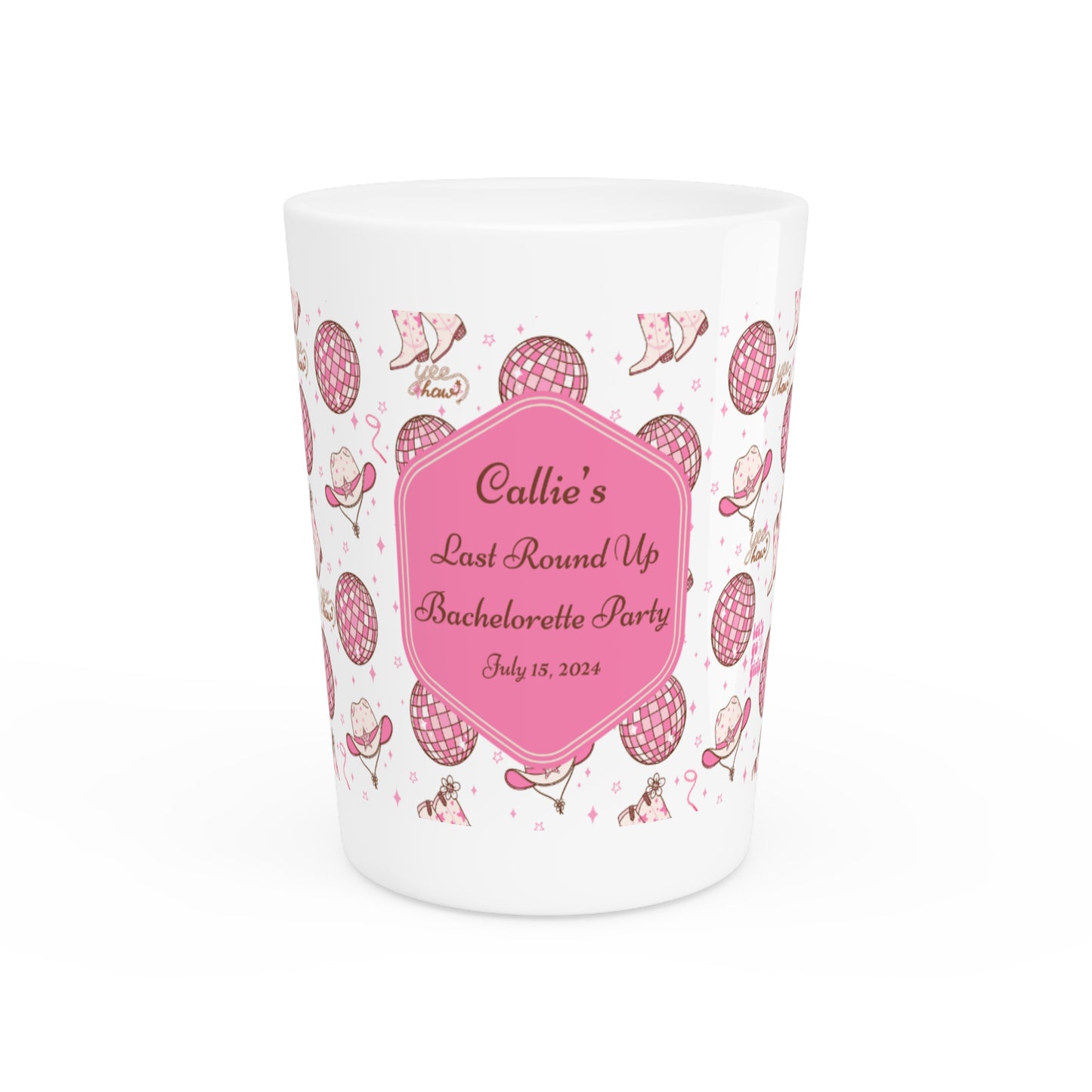 Personalized Bachelorette Shot Glass, Custom Party Favors, Bridal Shower Gift, Elegant Pink Design, Last Round Up Celebration